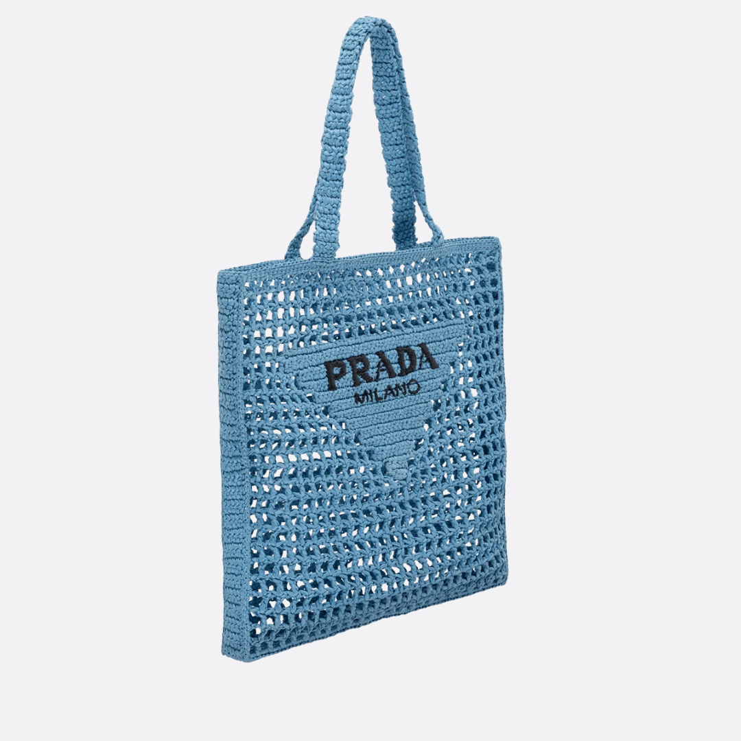 PRADA RAFFIA TASCHE MIT GEWEBTEM LOGO IN BLAU