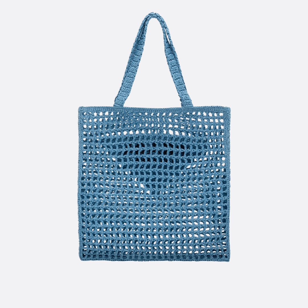 PRADA RAFFIA TASCHE MIT GEWEBTEM LOGO IN BLAU