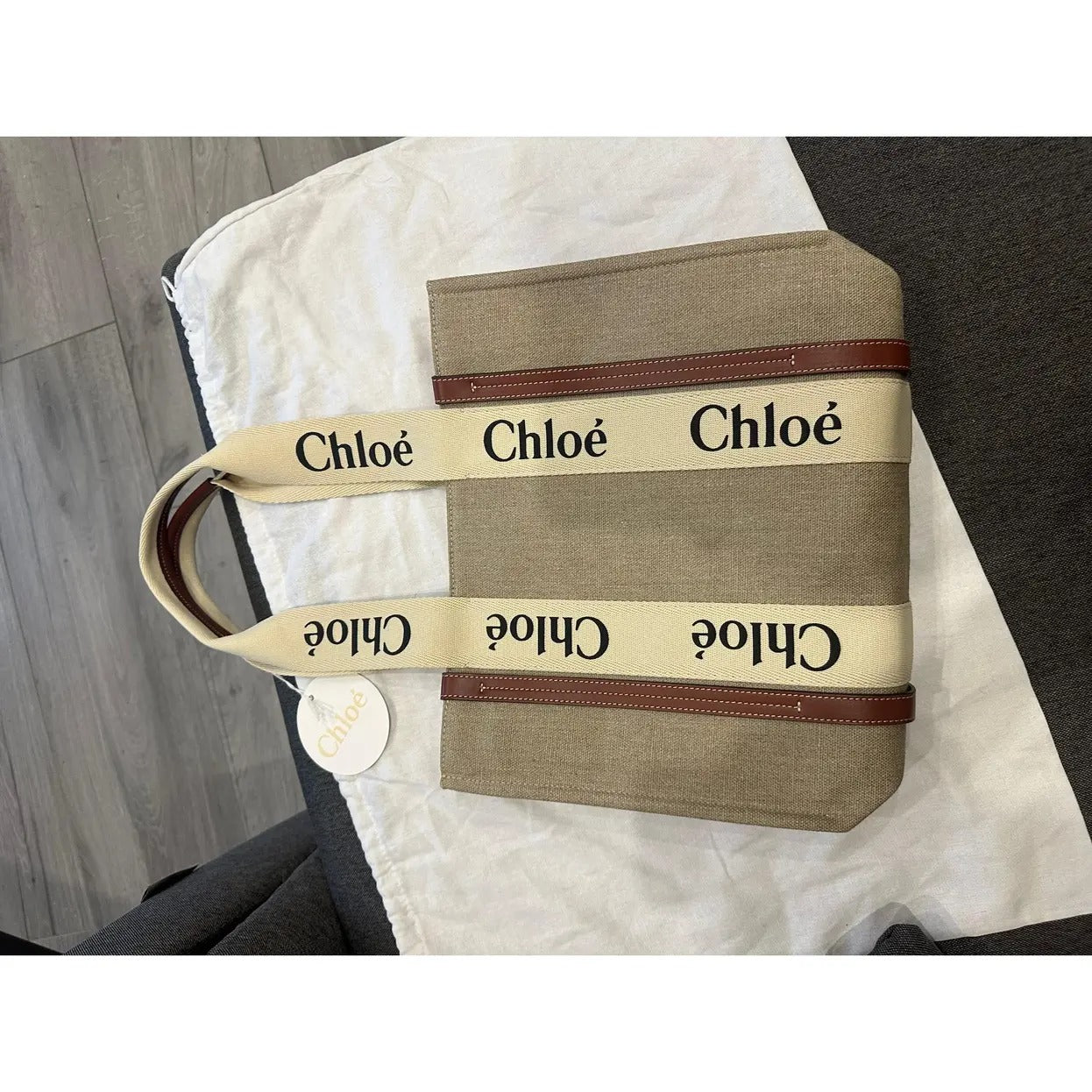 CHLOÉ WOODY TOTE BAG AUS LEINEN